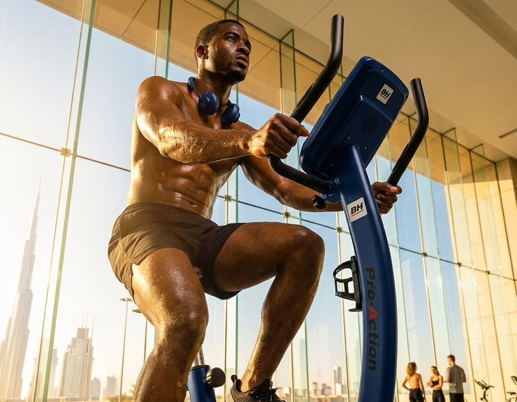 Man exercising on a Polaris exercise bike in a modern gym with cityscape view