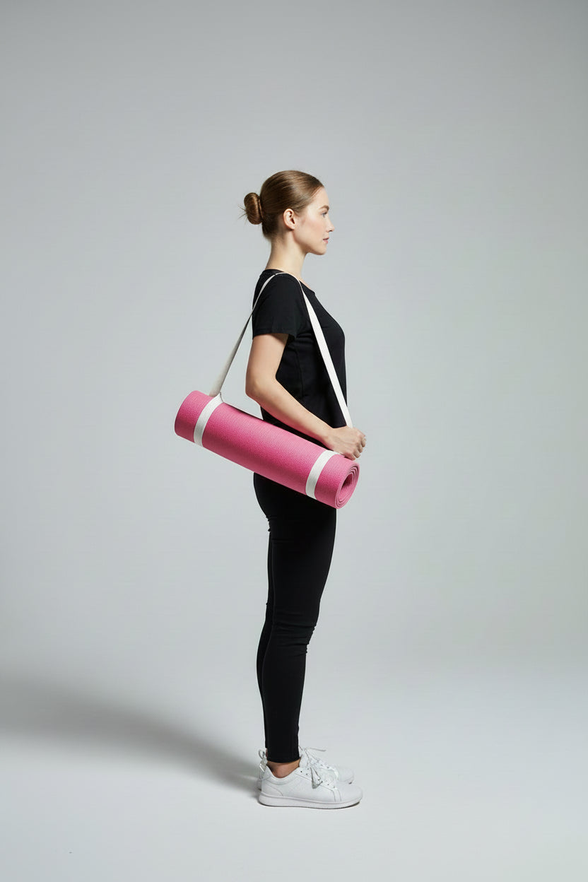 Woman holding a pink yoga mat with a strap against a gray background