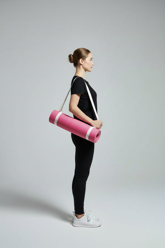 Woman holding a pink yoga mat with a strap against a gray background